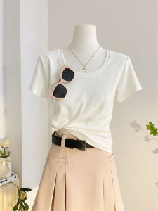 White U-Neck Short Sleeve T-Shirt Women Summer Elastic Slimming Versatile Basic Solid Color round Neck Body Shirt Korean Style