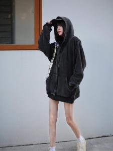 Retro American Washed Cotton Hoodie Cardigan Womens Spring Autumn Loose Fit Pure Cotton Top with Zipper And Pockets