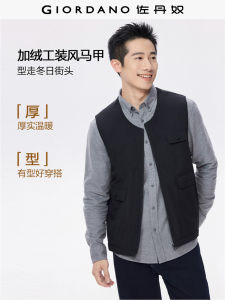 Giordano Fleece Lined round Neck Vest Jacket Mens Autumn Winter Workwear Multi Pocket Style 13075856 Standard Fit Polyester Fiber