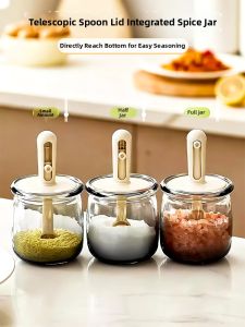 Integrated Spoon Lid Kitchen Seasoning Storage Box Glass