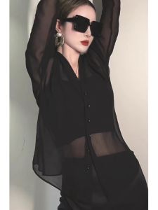 French Chiffon Tulle Sun Protection Shirt Womens Summer Cardigan Sling Dress Outer Shawl Blouse Sheer Top