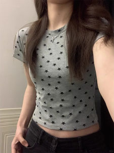 American Style Hot Girl Grey Shoulder Short Sleeve T-Shirt Womens Summer New Design Tight Waist Short Star Top Cotton Blend