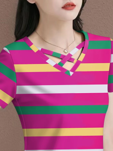 Áo Thun Sọc Tay Ngắn Thời Trang Cho Mẹ Mùa Hè 2025 Phong Cách Hàn Quốc Cao Cấp Giảm Tuổi Che Bụng Thon Gọn