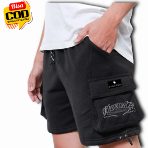 Celana cargo pendek bahan fleece stylish casual santai trendy kekinian pria wanita hitam Font Metal