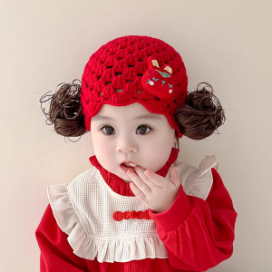Adorable Knitted Red Baby Hat Spring Autumn Infant Princess Style No Brim Cap Cotton Fabric Casual Scene Children Toddler Knitwear