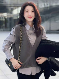 Elegant Simple New Chinese Style Womens Polo Neck Knitted Vest Spring Autumn Commute Fashion Straight Cut Long Sleeve Shirt