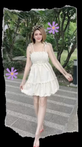 TW21609 มินิเดรส แขนกุด ผูกไหล่ สม็อครอบอก ..