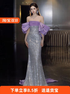 ชุดราตรีสายเดี่ยวประดับเลื่อม เดรสยาว ชุดแต่งงาน ชุดปาร์ตี้ ชุดเจ้าสาว ชุดการแสดง ชุดทำงาน เดรสยาวปานกลาง แขนสั้น ฤดูใบไม้ร่วง 2024