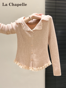 La Chapelle | Lace Trimmed French V-Neck Fitted Knitwear for Women Winter