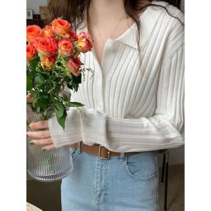 เสื้อคาร์ดิแกนคอปกสีพื้นทรงสลิมฟิต เสื้อเชิ้ตแขนยาวสไตล์สตรีท เสื้อผ้าผู้หญิงฤดูใบไม้ร่วง ปกติ