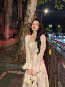 ชุดเดรสยาวแขนยาวปักลายดอกกุหลาบสไตล์ฝรั่งเศส ชุดเดรสหรูหราสำหรับผู้หญิง ฤดูใบไม้ร่วงและฤดูหนาว กระโปรงทรงเอเอวสูง ผ้าโพลีเอสเตอร์ ชุดเดรสยาวปักลายดอกกุหลาบ