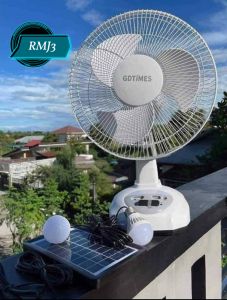 RMJ3 Solar-Powered Table Fan with LED Bulbs for Outdoor Use White Color