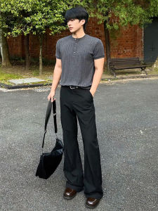 Retro Style Polo Shirt Henry Collar Tshirt Pleated Pants Set