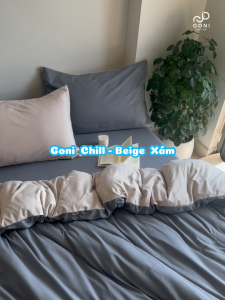 Bộ chăn mền ga gối GONI CHILL màu Beige Xám - Ga drap giường bo chun cao 4-25cm kích thước 1m 1m2 1m4 1m6 1m8 2m2