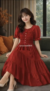 Dress Women Korean Style Fashion Round Neck Bead Embellished Puff Sleeves Temperament Slim Ruffled Skirt Casual Women Clothes