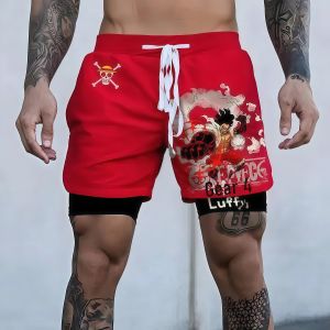 One Piece Anime Red Double Layer Shorts for Men Gym Training Luffy Zoro Print Quick Dry Fabric Loose Fit with Pockets
