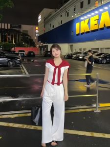 VKSOD | Bộ Đồ Mặc Nhà Thoải Mái Phong Cách Lười Áo Thun Đỏ Ôm Dáng Quần Tây Cao Waist Rộng