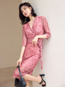 Elegant Pink French Style Wrap Dress Charming Ultra Slimming Mesh Dress Women Summer Long Sleeve V-Neck A-Line Skirt Dress