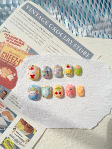 ใหม่ล่าสุดน่ารัก Pure Handmade Hand-Painted Doggies Cartoon Cherry Cake Flower Cute Wearable Nail Art Short Nail Art