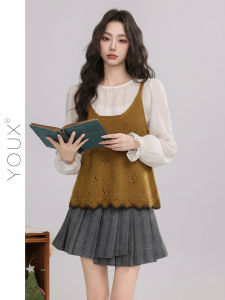 YOUXIANG | Bộ Áo Sơ Mi Cổ Tròn Retro và Áo Len cho Phụ Nữ
