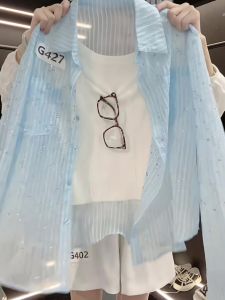 Blue Rhinestone Embellished Shirt Elegant Beautiful Spring Summer 2025 New Womens High Fashion Top Quality Korean Style Blouse