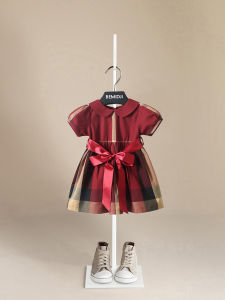 Summer Plaid Cotton Princess Dress for Baby Girls One Year Old Red Birthday Dress Childrens Clothing British Style Pure Cotton