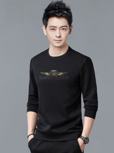 ROMON | Romon Mens Round Neck Sweatshirt Casual Long Sleeve T-shirt Print Loose Fit Spring Autumn Style Urban Fashion Basic Youth Top