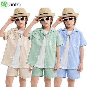 LOlanta Boys 2 Pieces Linen Set kids Short Sleeve Button Down Shirt and Shorts Summer Vacation Outfits 5-12Years