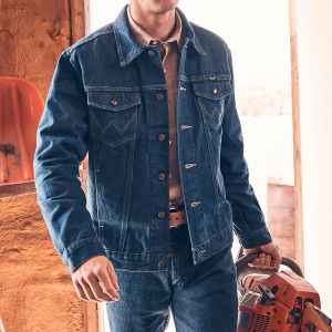Classic Wrangler Mens Short Jeans Jacket Original Color Casual Yellow Stone Style Coat Business Gentleman Cotton 100%