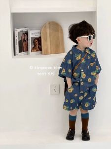 Cute Boys Summer Shirt Set Short Sleeve Retro Hong Style Two-Piece Trendy Half Sleeve Outfit Casual Korean Version Baby Clothes