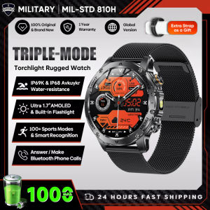 2025New Outdoor Military 1000mAh HD AMOLED SmartWatch Men Sports Fitness LED Flashlight 5ATM Waterproof Wireless Call Smartwatch