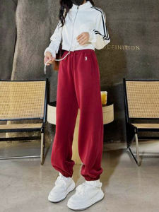 สูง เอว ปัก หลวม Fit กางเกงลำลอง ผู้หญิง ฤดูใบไม้ร่วง ฤดูหนาว พลัสไซส์ ปกปิดเนื้อ อุ่น โพลีเอสเตอร์ ผ้าฝ้าย Blend