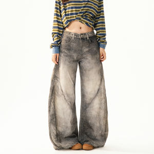 American Retro Decomposition Design Wide Leg Jeans Women Loose Slimming Casual High Waist Cotton Stretchy Non-Elastic