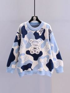 Thickened Bear Knitted Sweater Womens Loose Lazy Style Anti-Aging Autumn Winter New Arrival Commute Style round Neck Long Sleeve