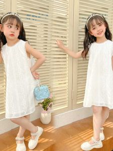 Pure Cotton Princess Style Dress for Girls Summer Season Breathable Comfortable Sleeveless Vest Dress with Butterfly Knot Pearl Embellishment