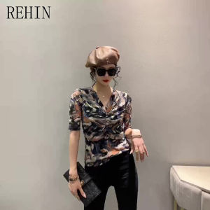 REHIN Summer new fashion printed V-neck pleated mesh hot drill short-sleeved T-shirt floral top blouse for women