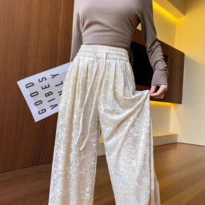 กางเกงขายาวทรงหลวมสไตล์จีน 3 มิติ ลายไม้ไผ่ทอง ผ้ากำมะหยี่ เอวสูง ทรงตรง ทรงหลวม กางเกงขายาวลำลองสำหรับผู้หญิง