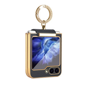 Vietao Gold Electroplated Leather Phone Case With Finger Ring Compatitable With Samsung Galaxy Z Flip 7 Flip 6 Flip5 Flip4 Flip3