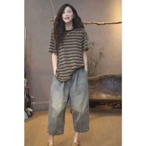 Áo Thun Cổ Tròn Sọc Dáng Rộng Dài Vừa Phải Mùa Hè 2025 Áo Thun Và Quần Jeans Hai Mảnh Thời Trang Cho Nữ