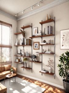 Adjustable Middle-Aged Style Bookcase Multi-Layer Solid Wood Display Rack Wall-Mounted Slide Track Hidden Storage Shelf