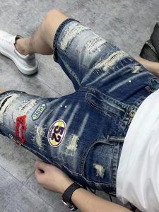 Summer Straight Leg Mens Jeans Trendy Deep Blue Patch Label Fashionable Five Pocket Shorts High Elasticity Cotton Denim