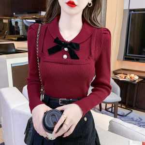 YIGE 2025 Autumn/Winter French Bow Knitted Shirt Womens Flip Collar Retro Slimming Inner Laydown Red Top