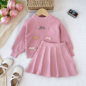 ชุดเสื้อผ้าเด็กผู้หญิงลายหมีเทิร์นอสเสื้อสเวตเตอร์แบบสวมหัวผูกโบว์หลากสีสำหรับฤดูหนาว + ชุดกระโปรงมีจีบสีทึบสำหรับเด็กทารกเสื้อผ้าถักแบบหนา3-7ปี