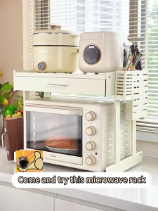 LivinEase 58cm Microwave Stand with Drawer & Removable Hooks - Upgraded Carbon Steel Kitchen Storage Organizer Space Saving Design