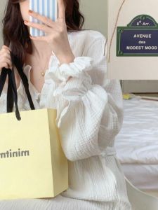 Sweet Style Mid-Length Bathrobe Sleepwear Korean Simple Design Water Absorbent Quick Dry Leaf Edge Home Clothes for Women