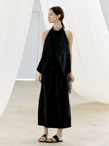 French Style off Shoulder Neck Hanging Vest Top Women High Waist Slit Drawstring Slimming Half Skirt Set Fashionable Two Piece Suit