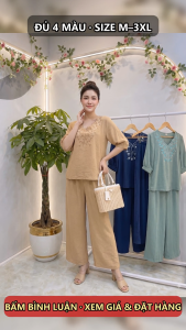 Set Bộ Đồ Nữ Trung Niên Áo Thêu Hoa Quần Ống Rộng Chất Đũi Lụa Co Giãn Bigsize M-3XL -SET016