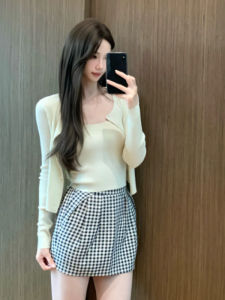 YUEZHONGWEI | Ice Silk Plaid Mini Skirt And Open Cardigan Two-Piece Set Summer 2025 Fashionable Outfit For Young Women Long Sleeve Round Neck