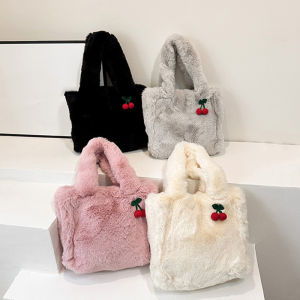 Plush Handbag Ladies Outdoor Cute Cherry Warm Woven Bag Large Capacity Cell Phone Key Storage Tote Bag