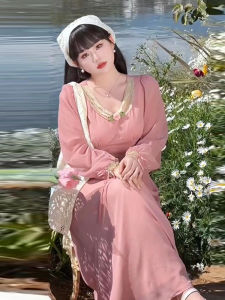 ชุดเดรสคอวีสีชมพูไซส์ใหญ่ กระโปรงทรงเอเอวสูง แขนยาว ทรงหลวม สไตล์หวาน ชุดเจ้าหญิง ชุดเดรสผู้หญิง